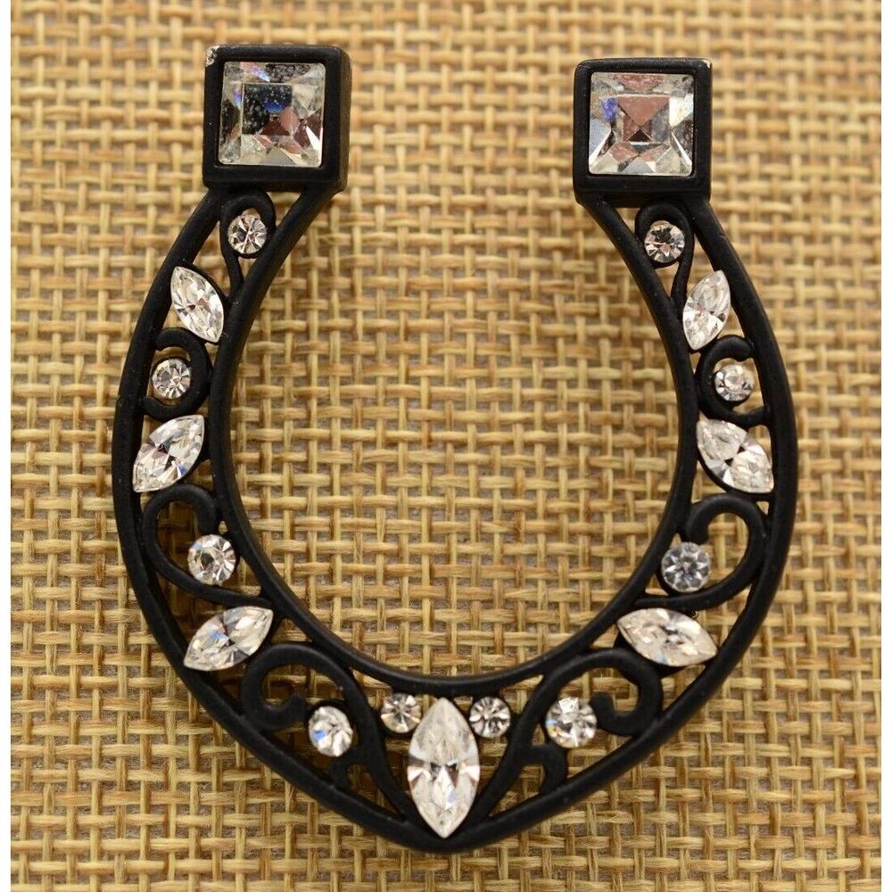 Givenchy Vintage Horseshoe Pin Brooch Rhinestone Crystal Gunmetal Signed BinAQ